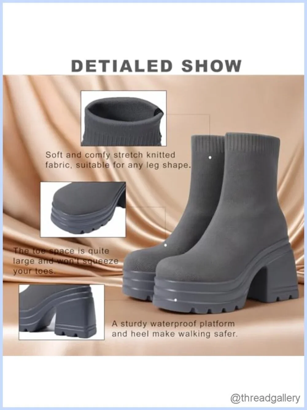 Comfortable Square Toe Slip On Stretch Knit Platform Block Heel Ankle Boots